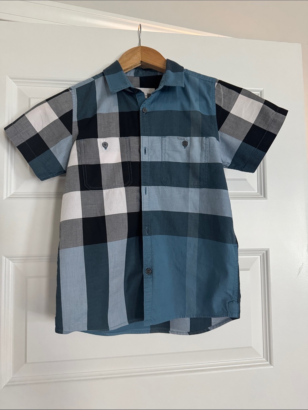 Boy’s Authentic Burberry Blue Plaid Short-Sleeve Button-Up Shirt Size 8Y